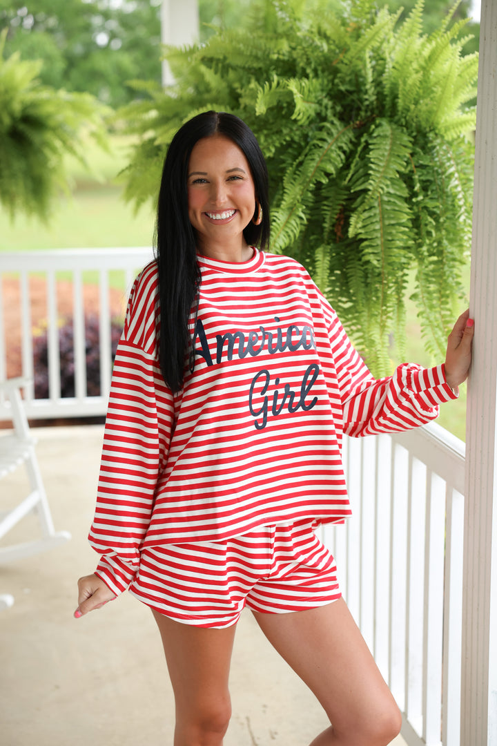 'American Girl' Long Sleeve Top & Shorts Set "Red/White"