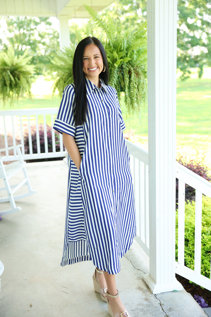 Striped Short Sleeve Midi Dress "Navy"