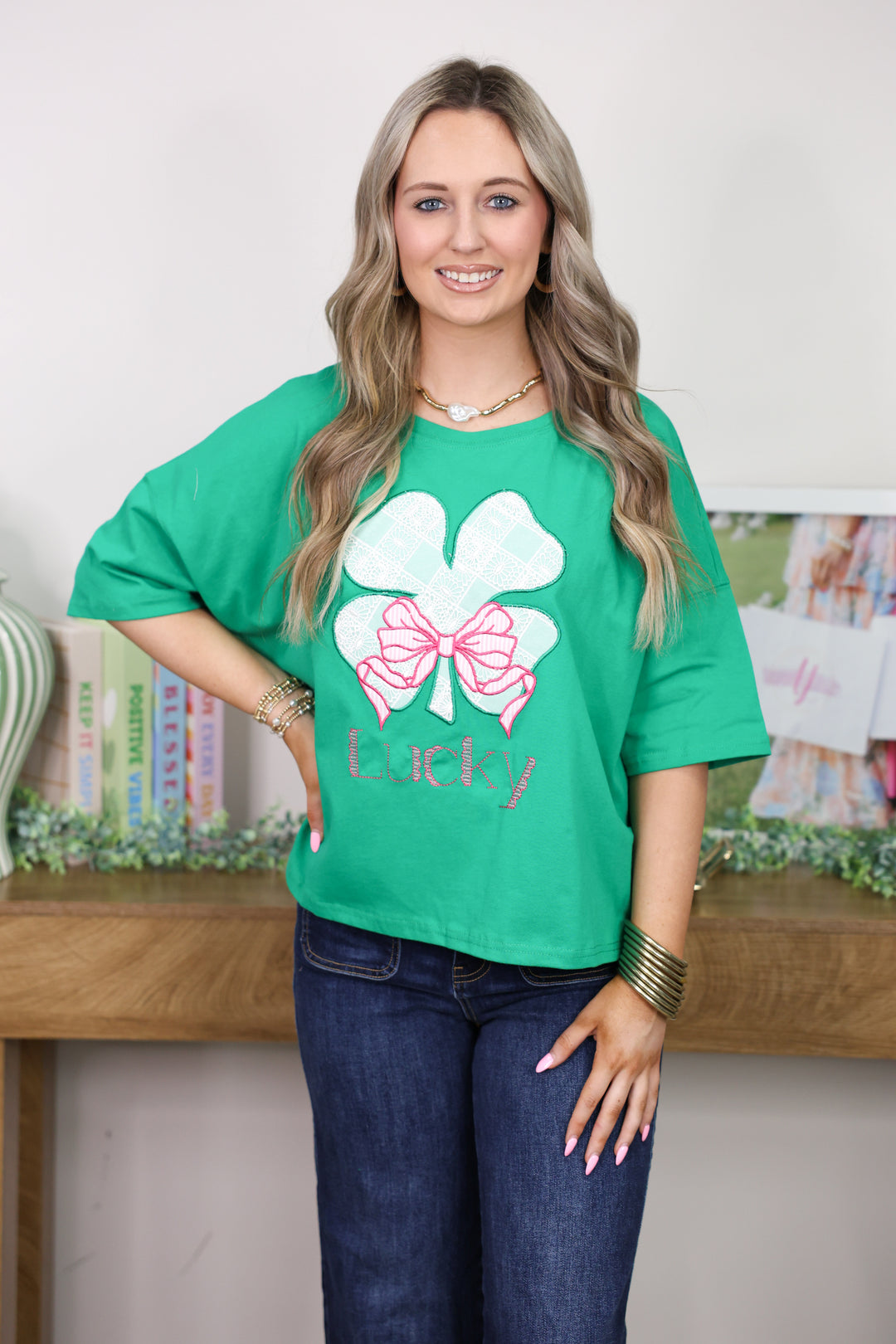 Lucky Clover Oxford W/ Lace Checker Detailed Top "Kelly Green"