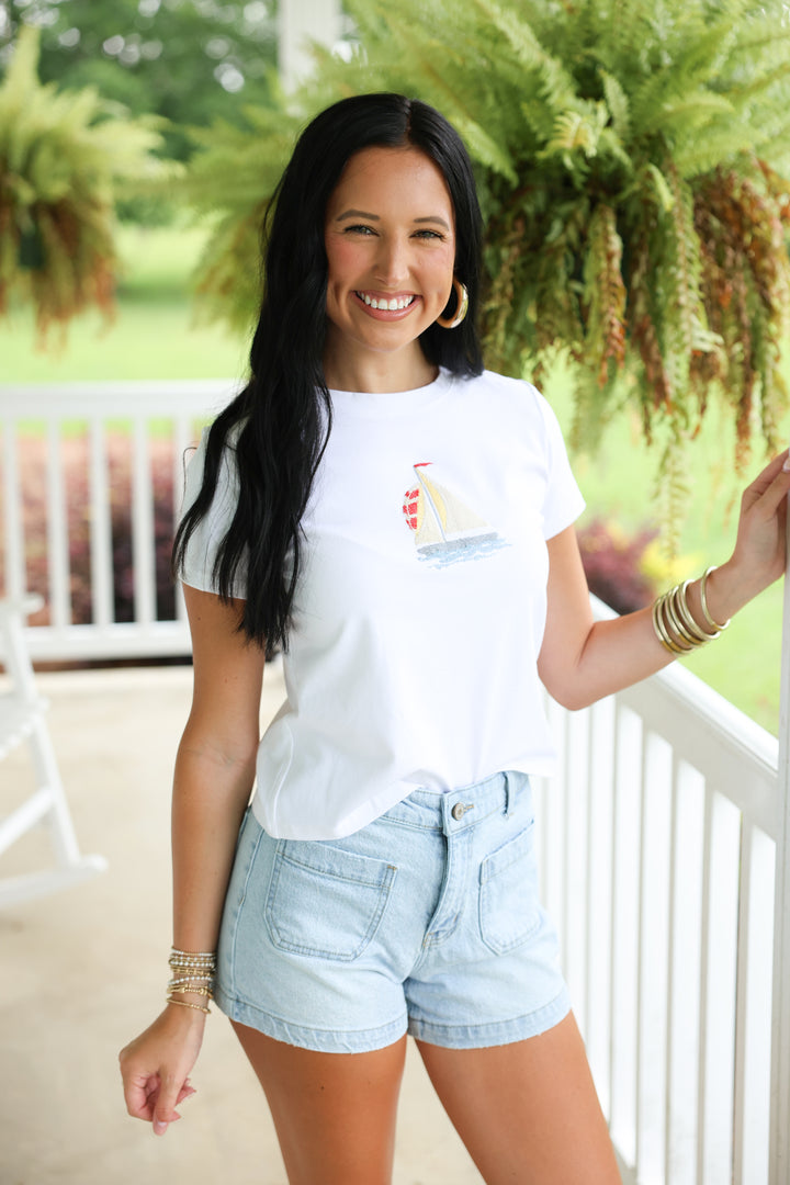 Embroidered Sailboat Graphic Tee "Off White"