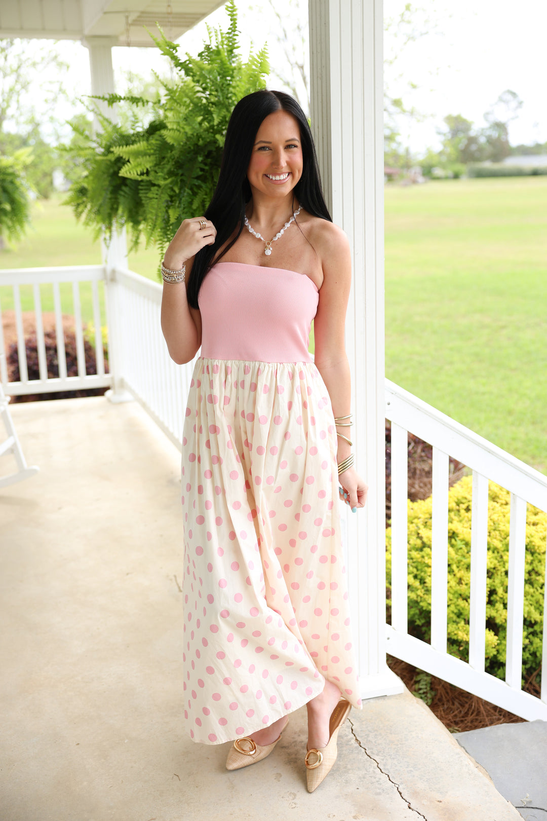 Strapless Knit & Woven Polka Dot Print Tube Midi Dress "Pink"