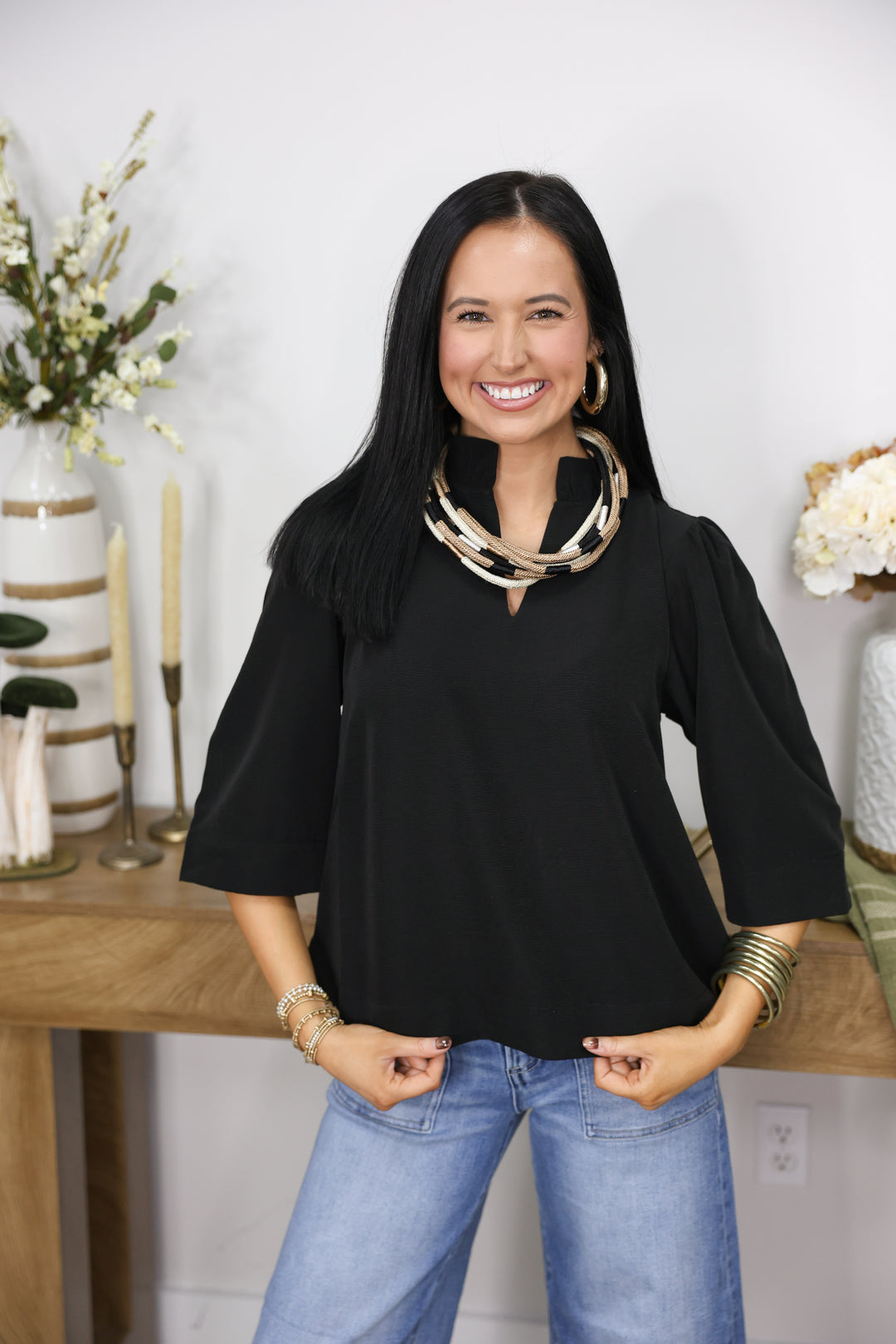 3/4 Sleeves Crinkled Solid Top W/ Ruffled Neckline "Black"