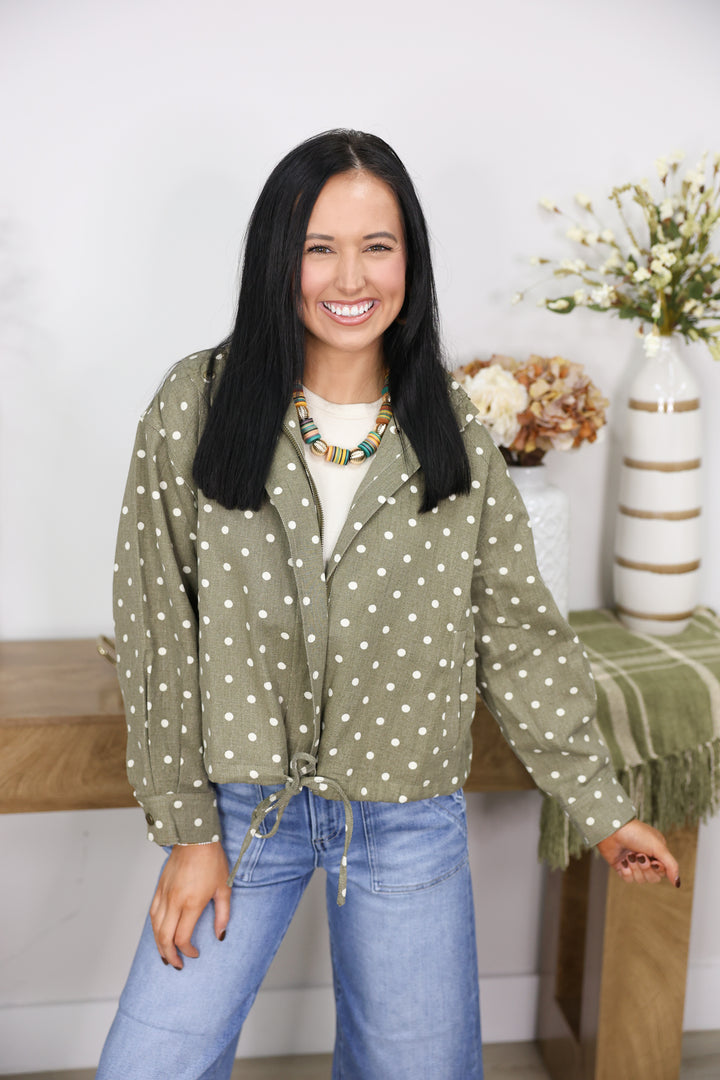 Polka dot Collared Long Sleeve Jacket "Olive"