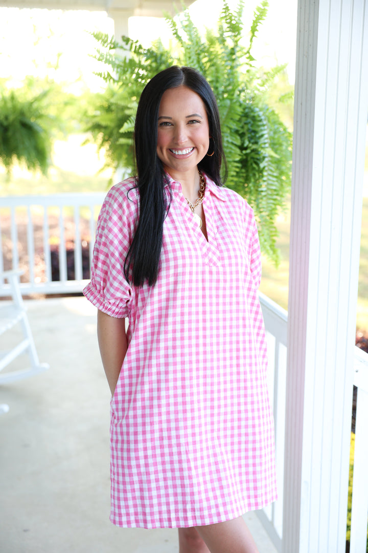 Southern Gingham Print Dress "Pink"