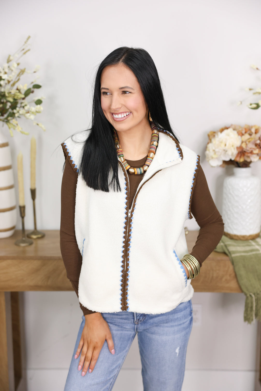 Mock Neck Double Stitch Detail Zip Up Fleece Vest "Cream"