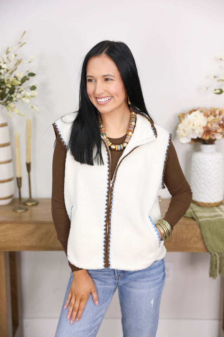 Mock Neck Double Stitch Detail Zip Up Fleece Vest "Cream"