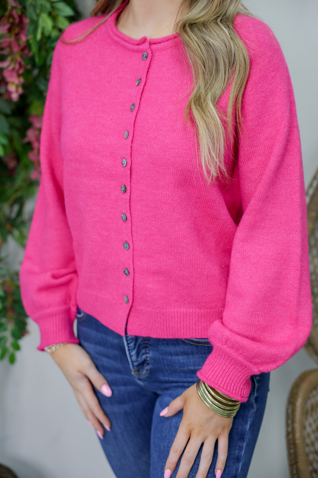 Solid Long Sleeve Sweater Knit Cardigan "Pink"