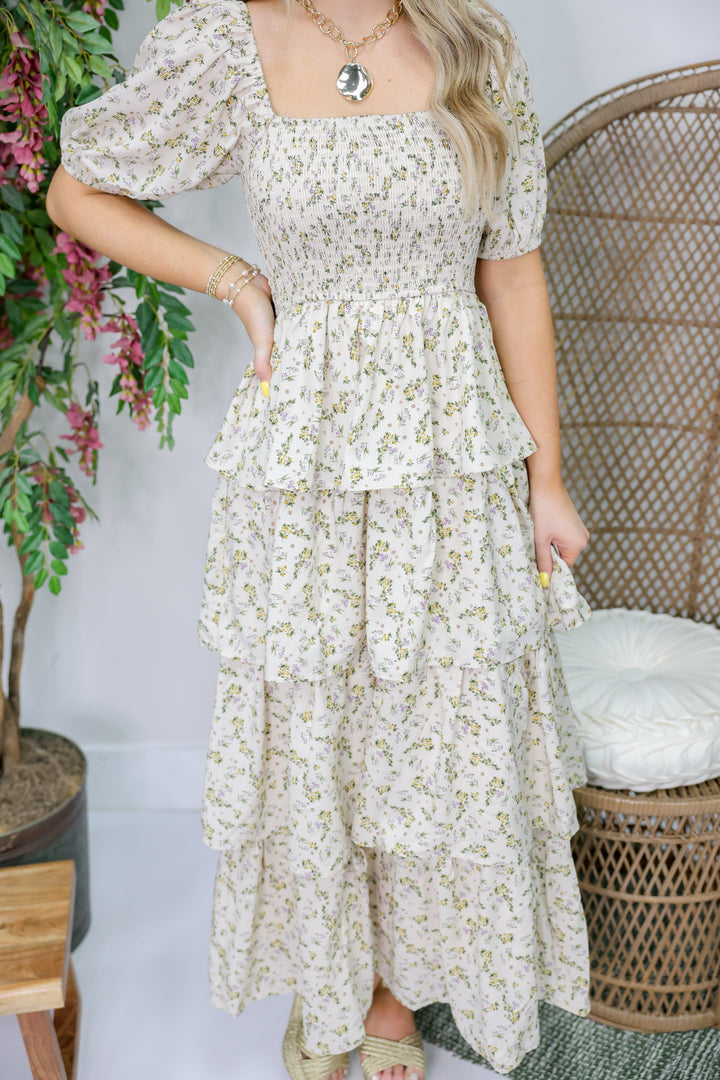 Fall Floral Smocked Midi Dress "Vanilla"