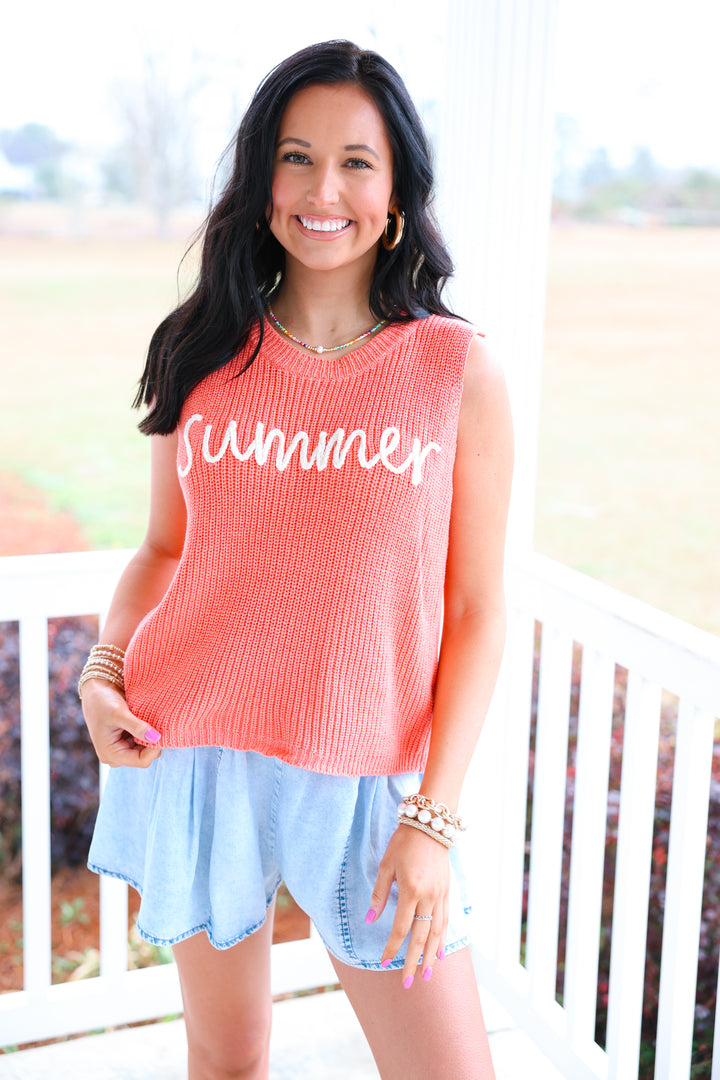 Round Neck "SUMMER" Sweater Tank Top "Coral"