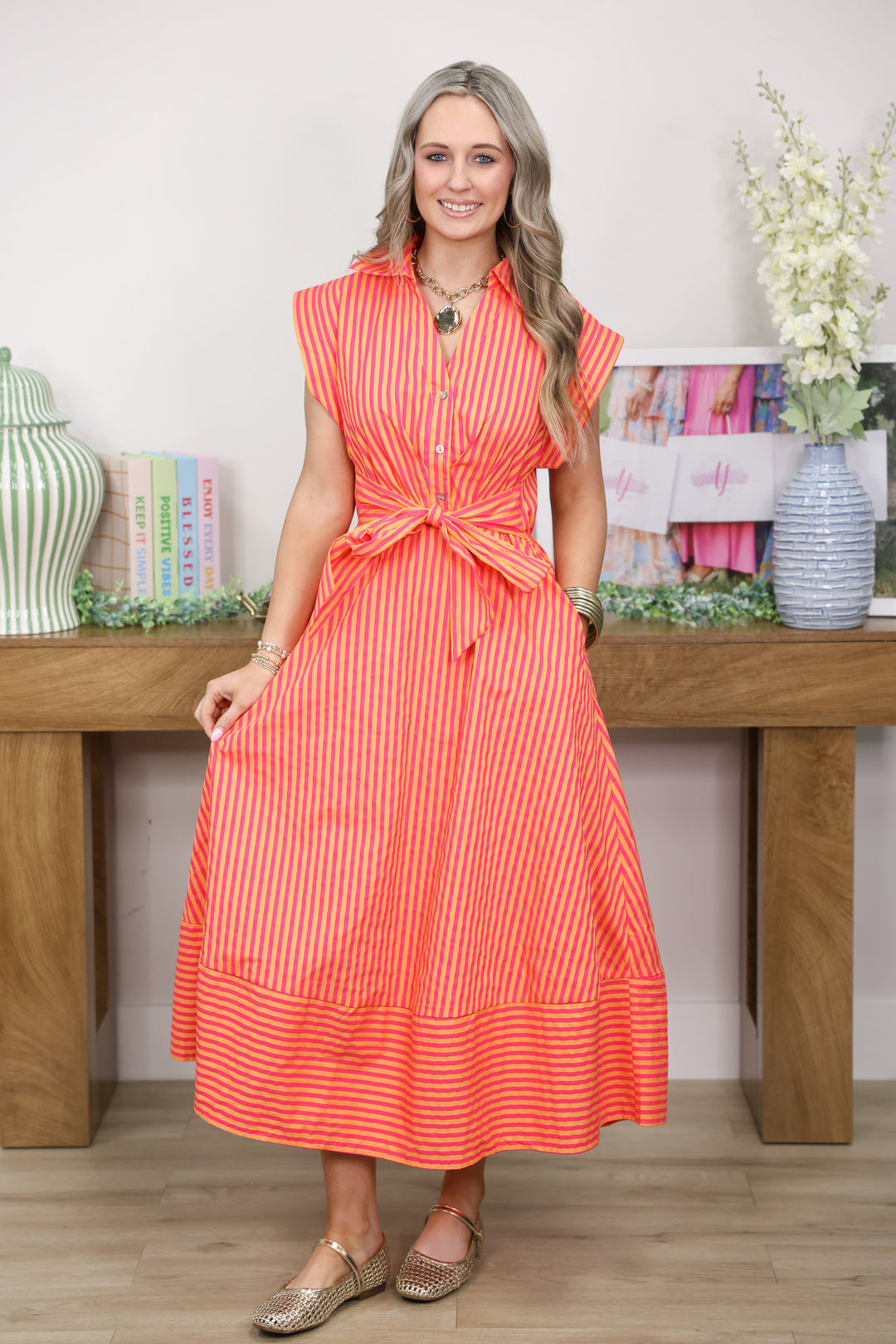 Seaside Stripe Midi Dress "Hot Pink"