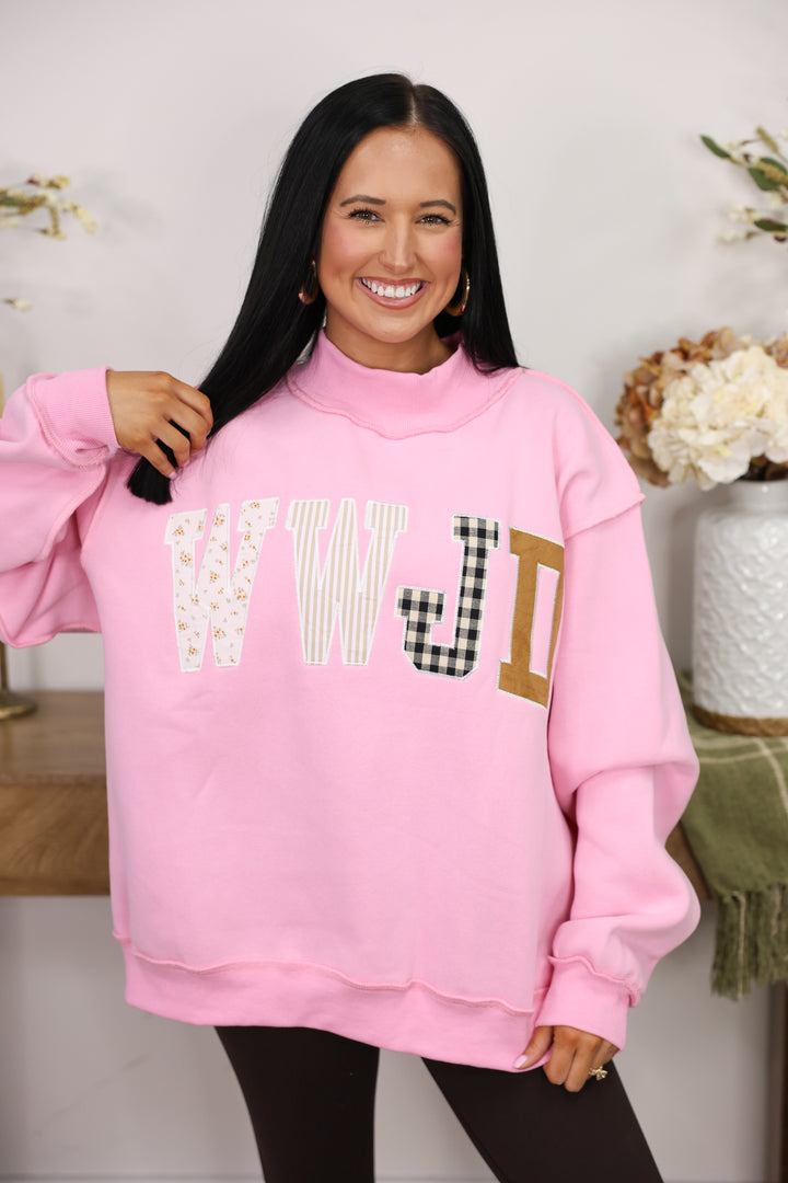 WWJD Mock Neck Sweatshirt "Baby Pink"