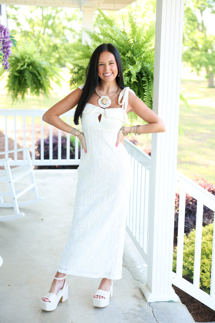 Crochet Embroidered Tie Shoulder Midi Dress "Off White"