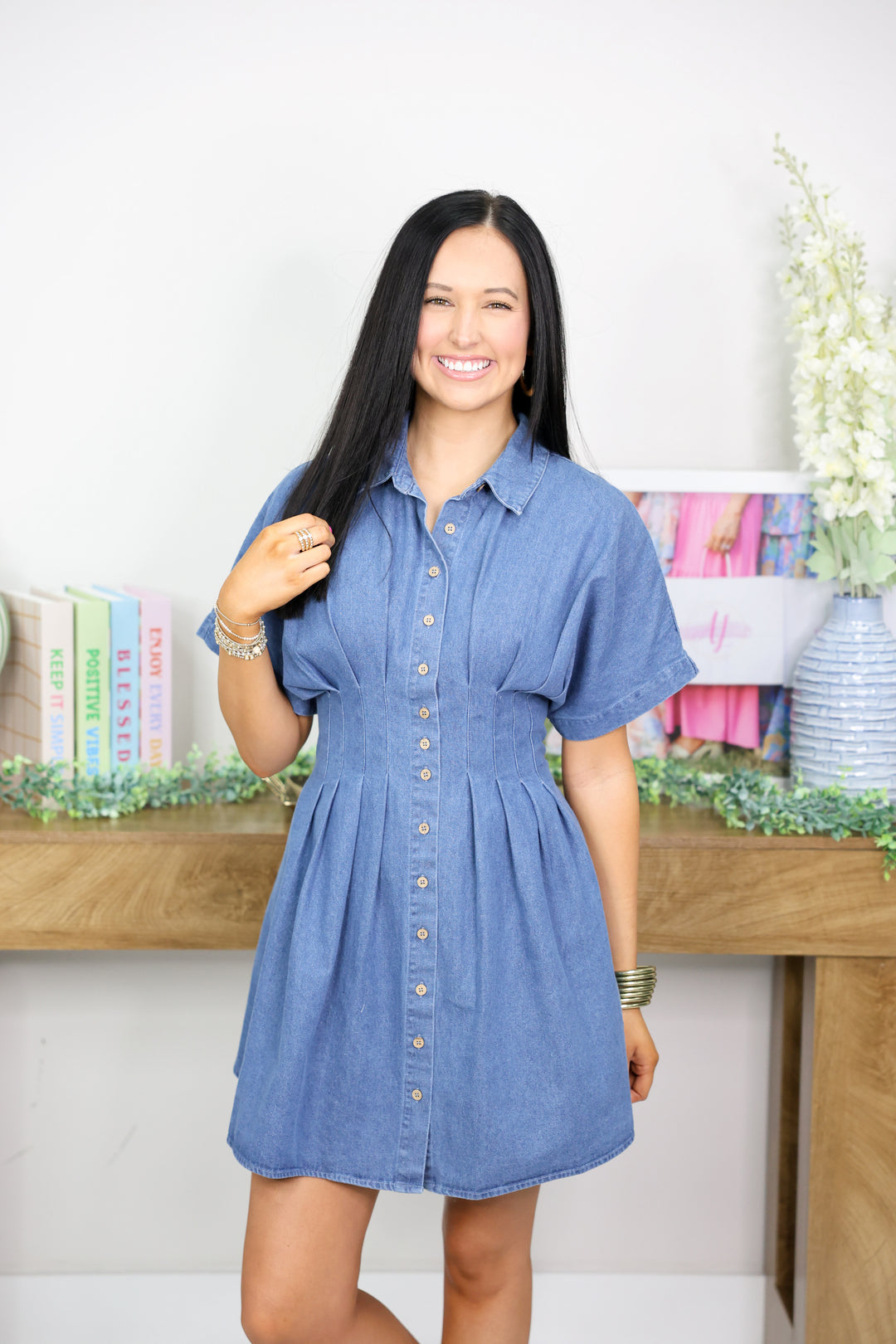 Pleated Button Down Denim Mini Dress Medium