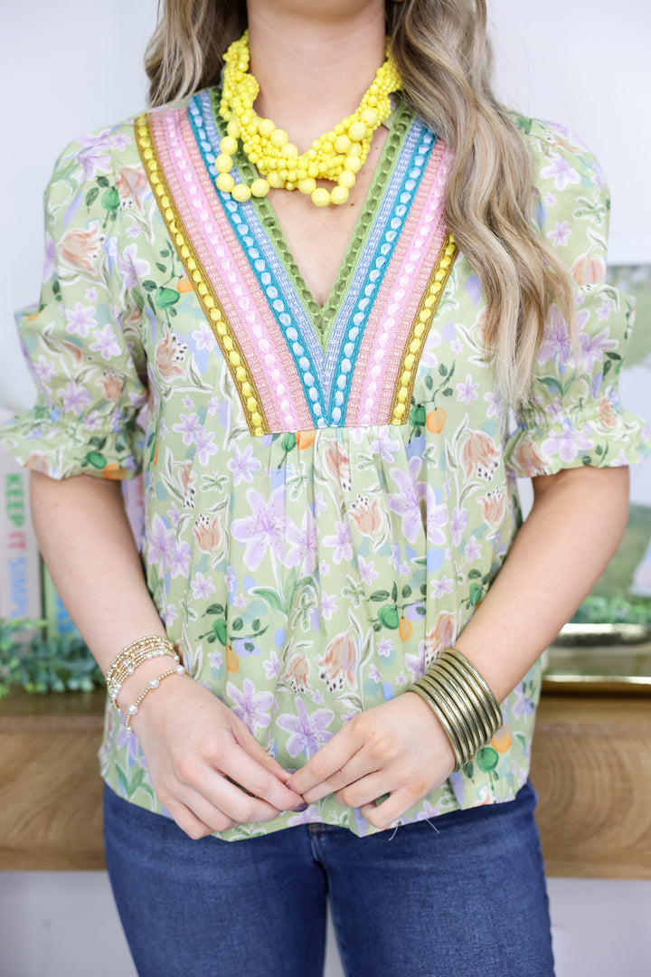 Floral Print V-Neck Embroidered Trim Blouse "Olive Green Lily"