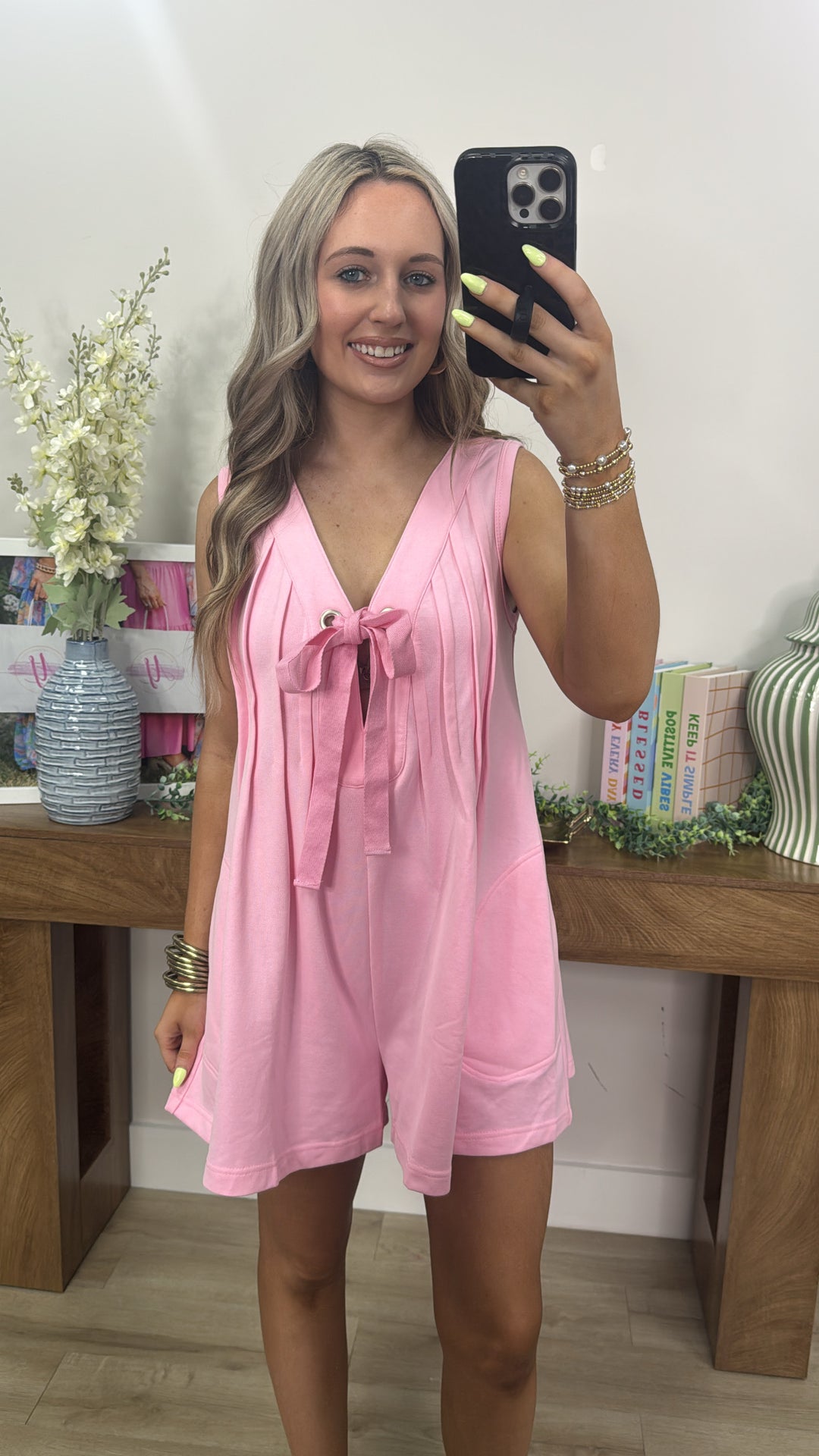 Front Tie W/ Pleats Detail Sleeveless Terry Romper "LT Pink"