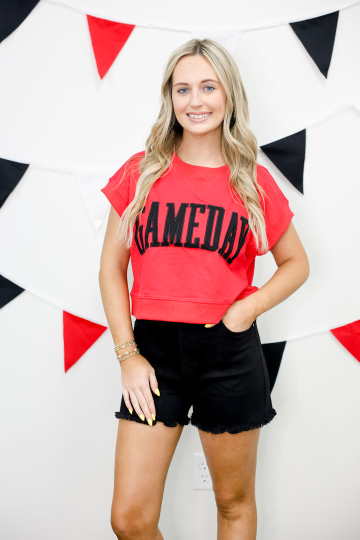Gameday Boxy Cropped Terry Top "Red/Black"