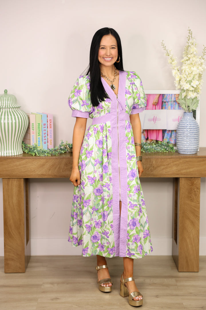Gracious Floral Zipper Dress "Lavender/Green"