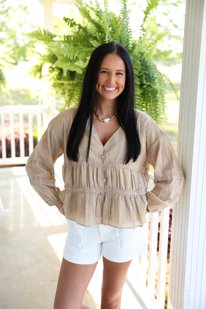 V Ruffle Neck Blouse "LT Taupe"