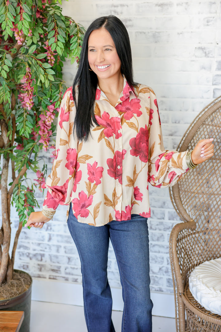 Elaine Floral Printed Front Button Top "Taupe"