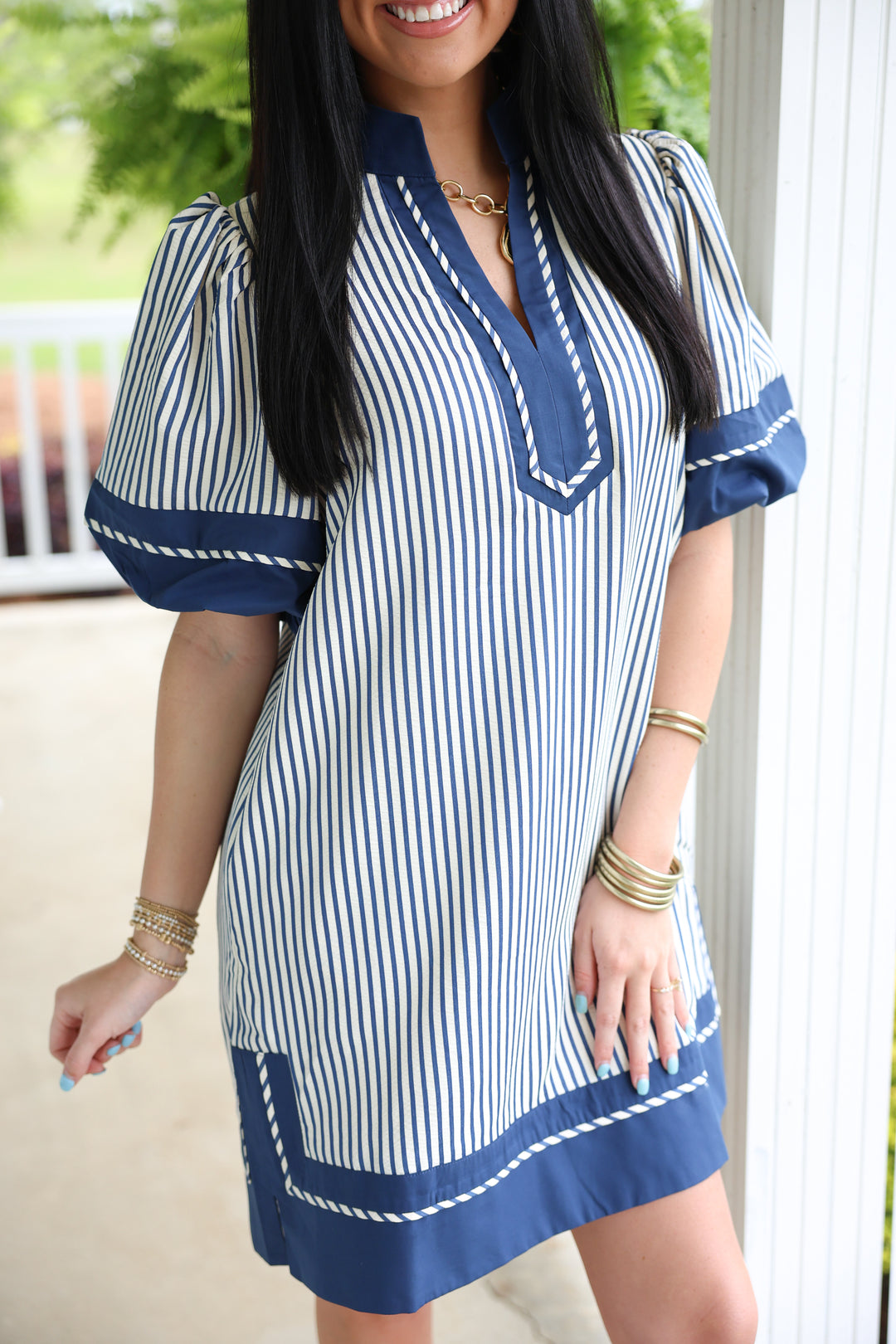 Sassy Stripes Puff Sleeve Dress "Indigo"