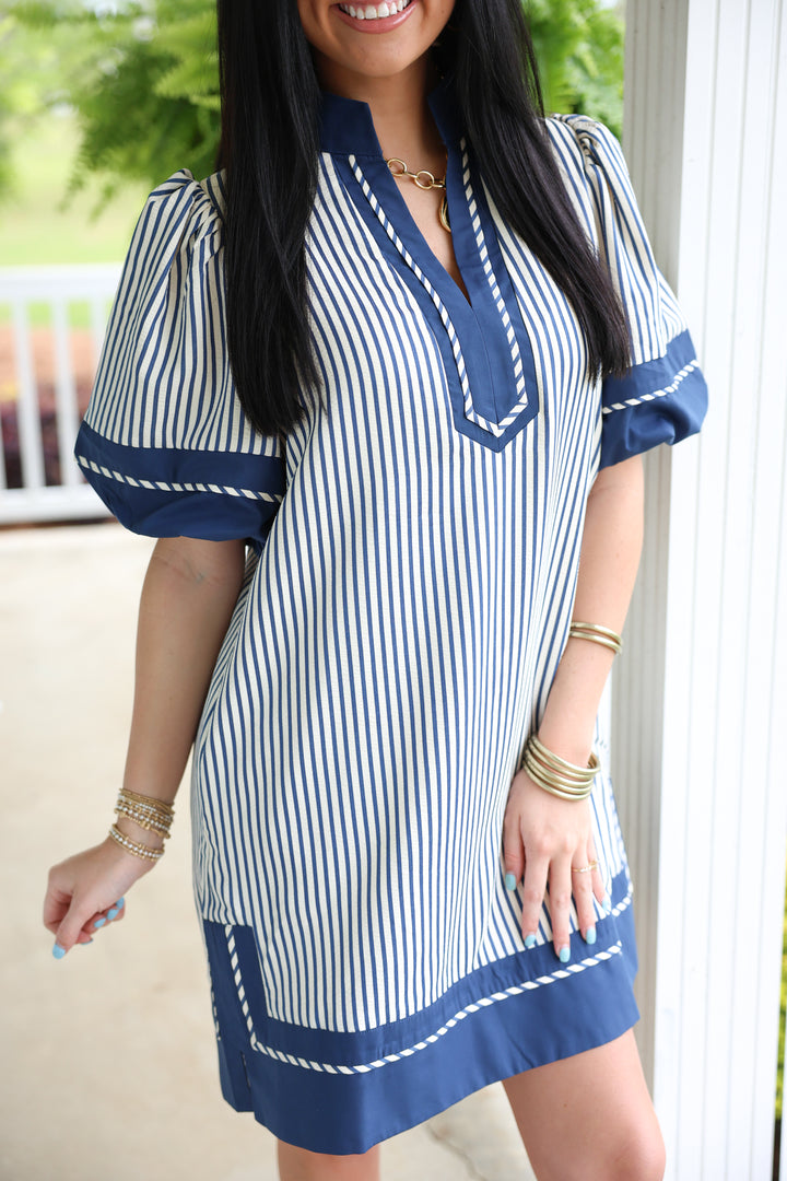 Sassy Stripes Puff Sleeve Dress "Indigo"