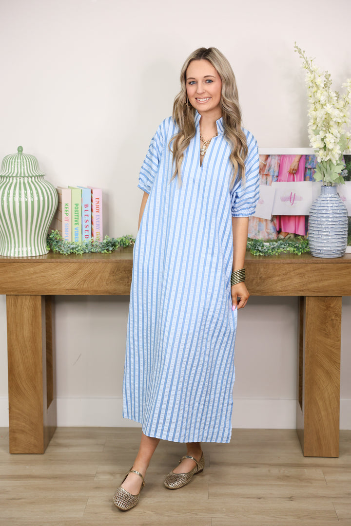 Stripe Textured Midi Dress "Light Blue"