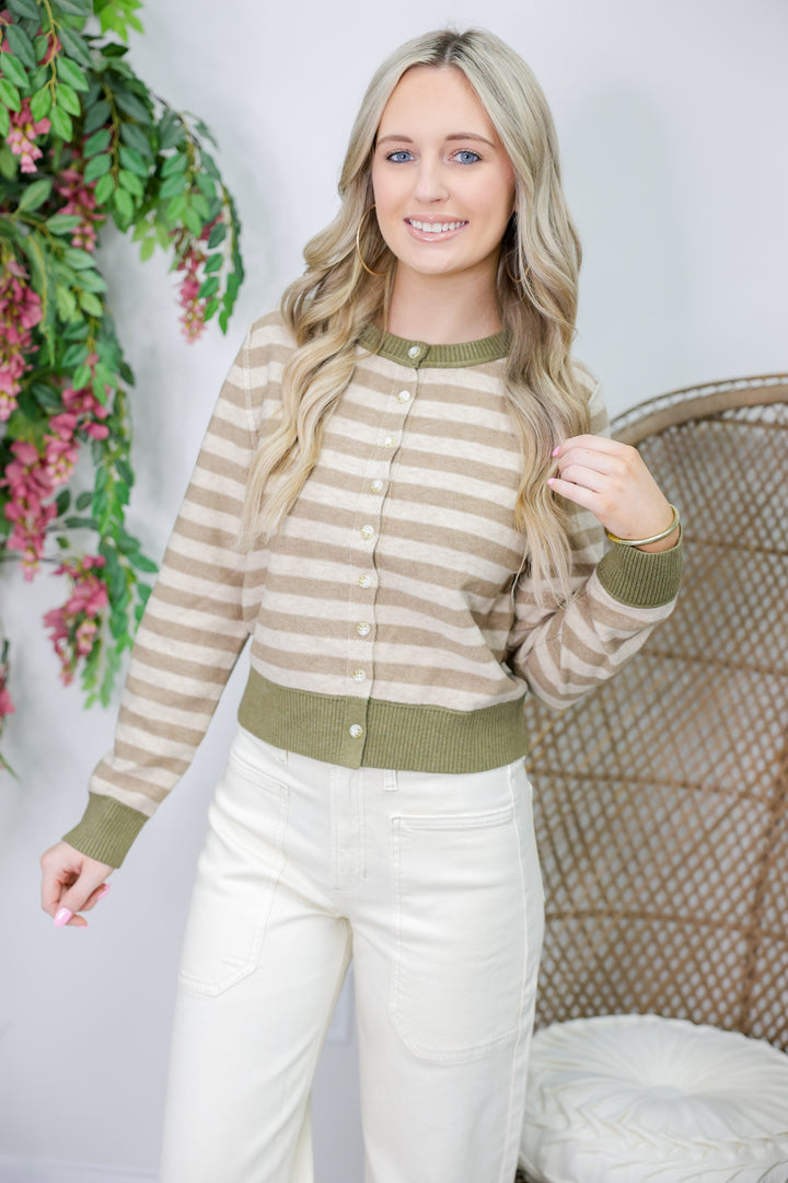 Long Sleeve Stripe Cardigan "Beige/Brown"