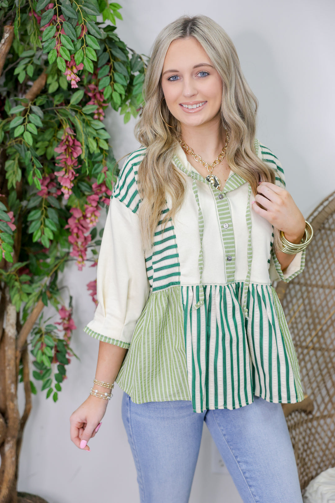 Striped 3/4 Sleeve Peplum Hoodie Top "H Green"