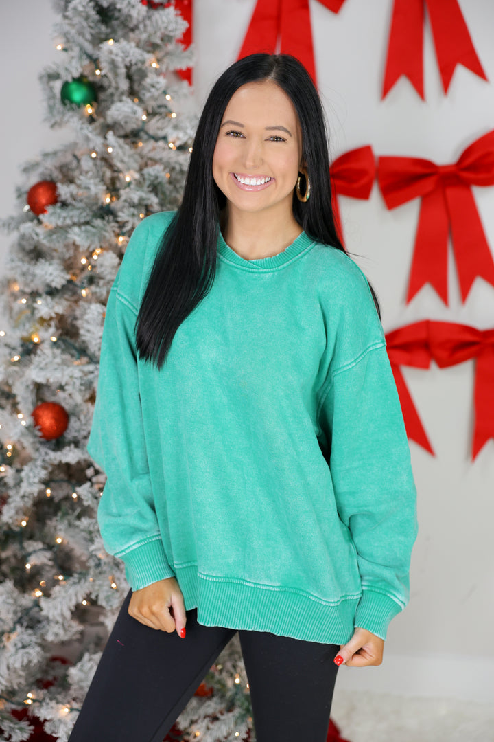 Acid Wash Oversized Fleece Pullover "K Green"