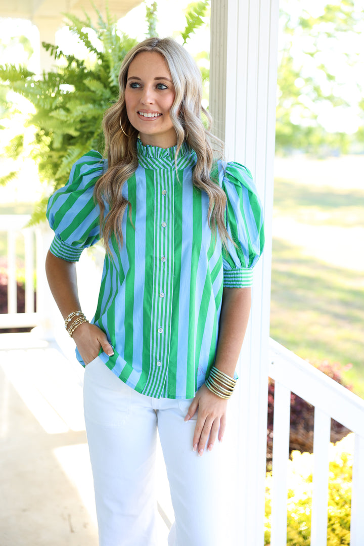 Seaside Striped Print Short Puff Sleeve Top "Green"