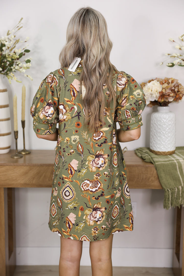 Floral Print Short Puff Sleeve Mini Dress "Olive"