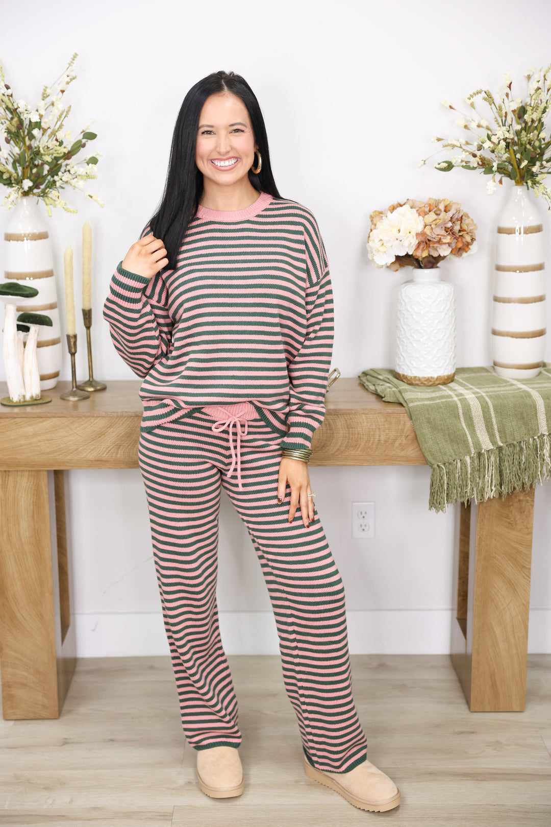 Long sleeve Crew Neck Stripe Sweater & Wide Leg Pants "Green/Pink"