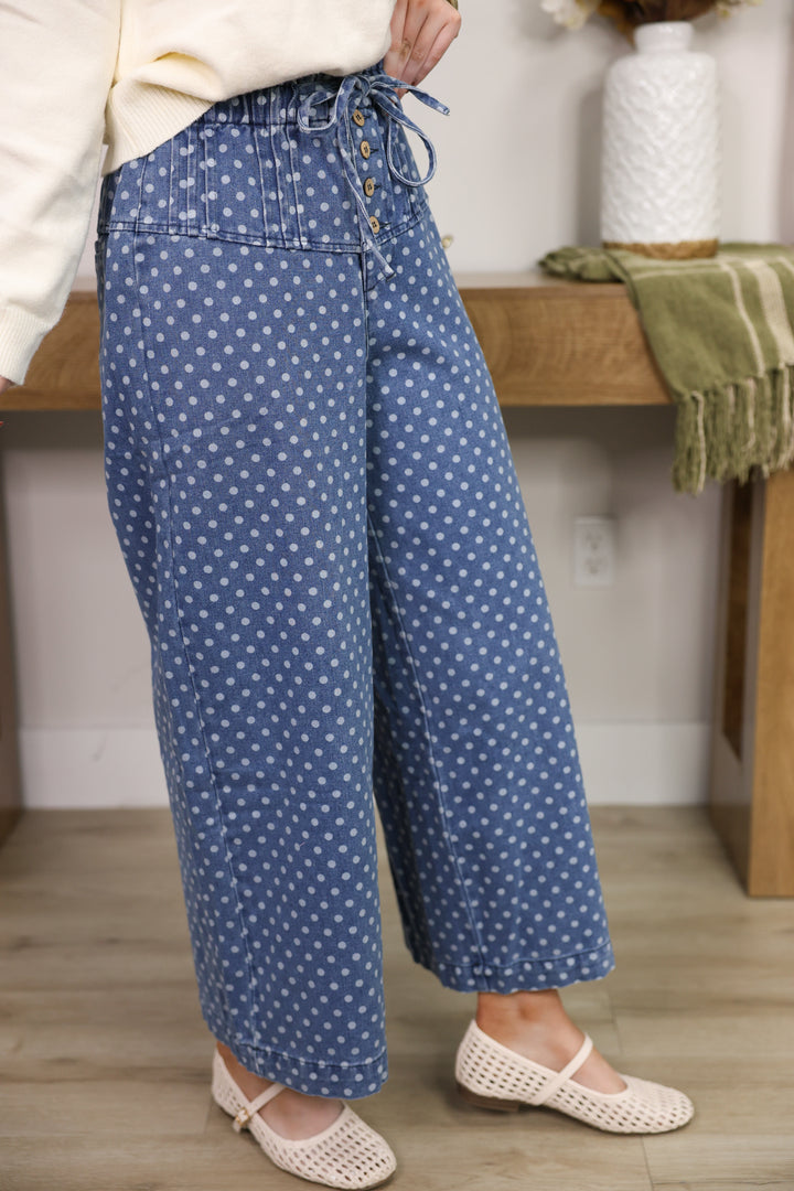 Front Button Up Wide Leg Polka Dot Pants "Denim"