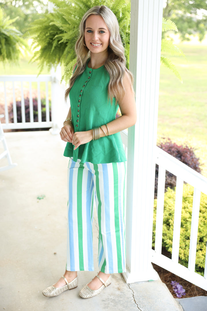 Solid Sleeveless Knit Button Front Detail Top "Green"