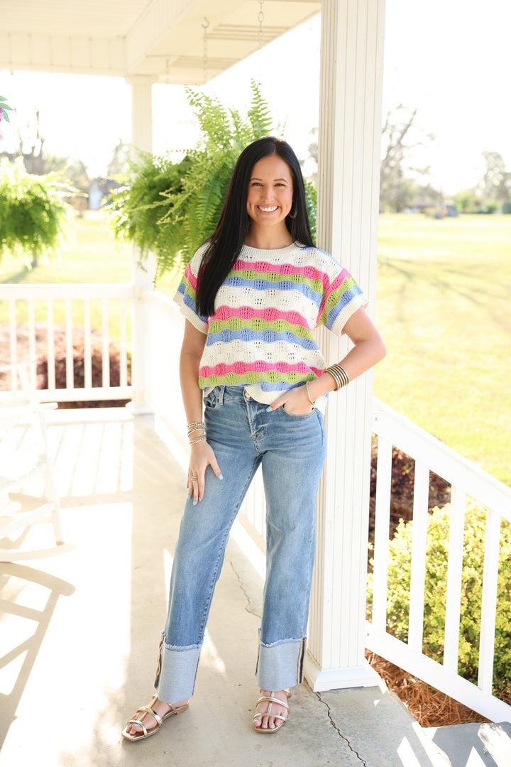 Retro Summer Multi Stripe Textured Crochet Sweater Top