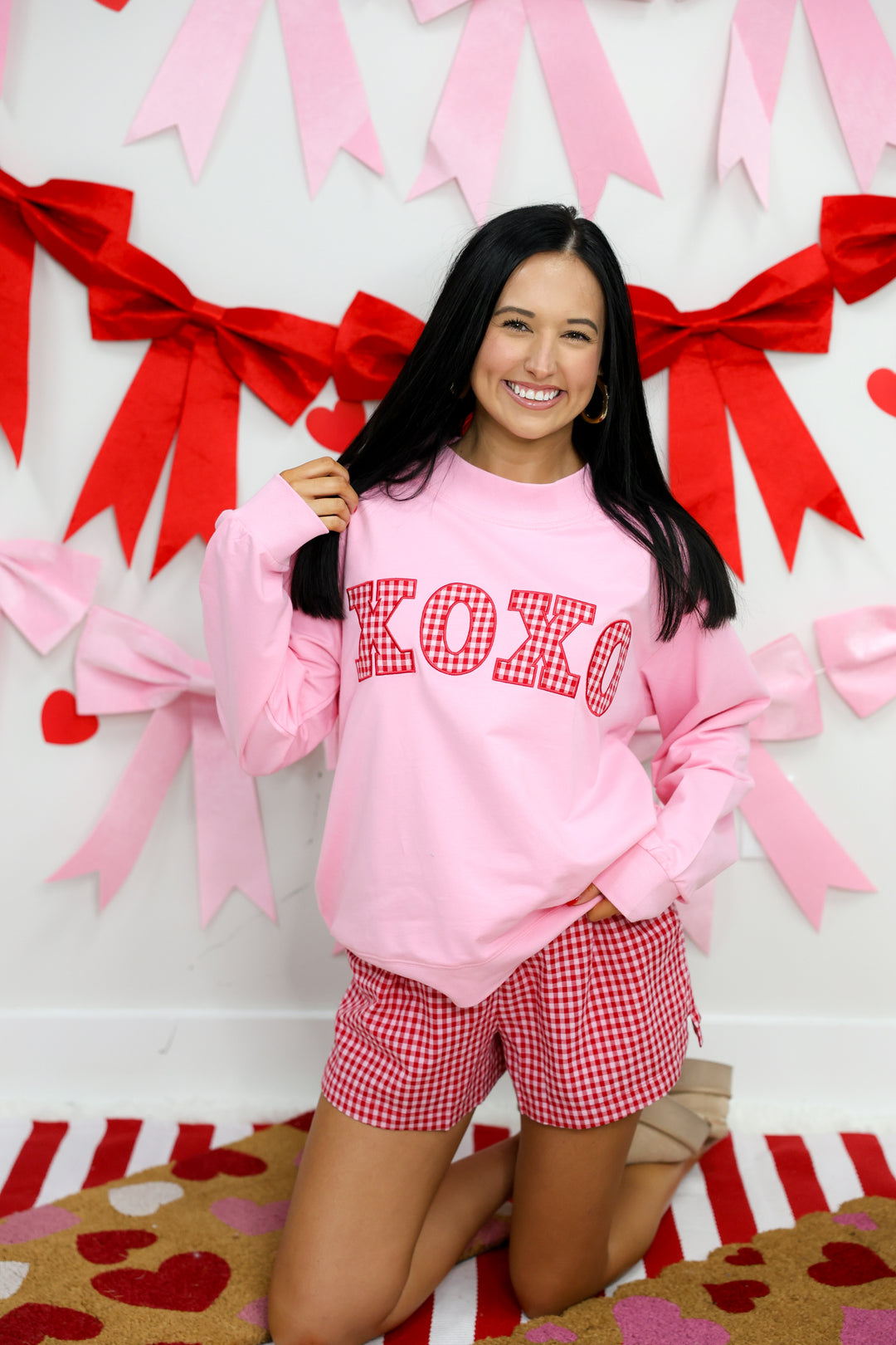 Mock Neck Sweatshirt W/ Gingham XOXO Patch Applique "Pink"