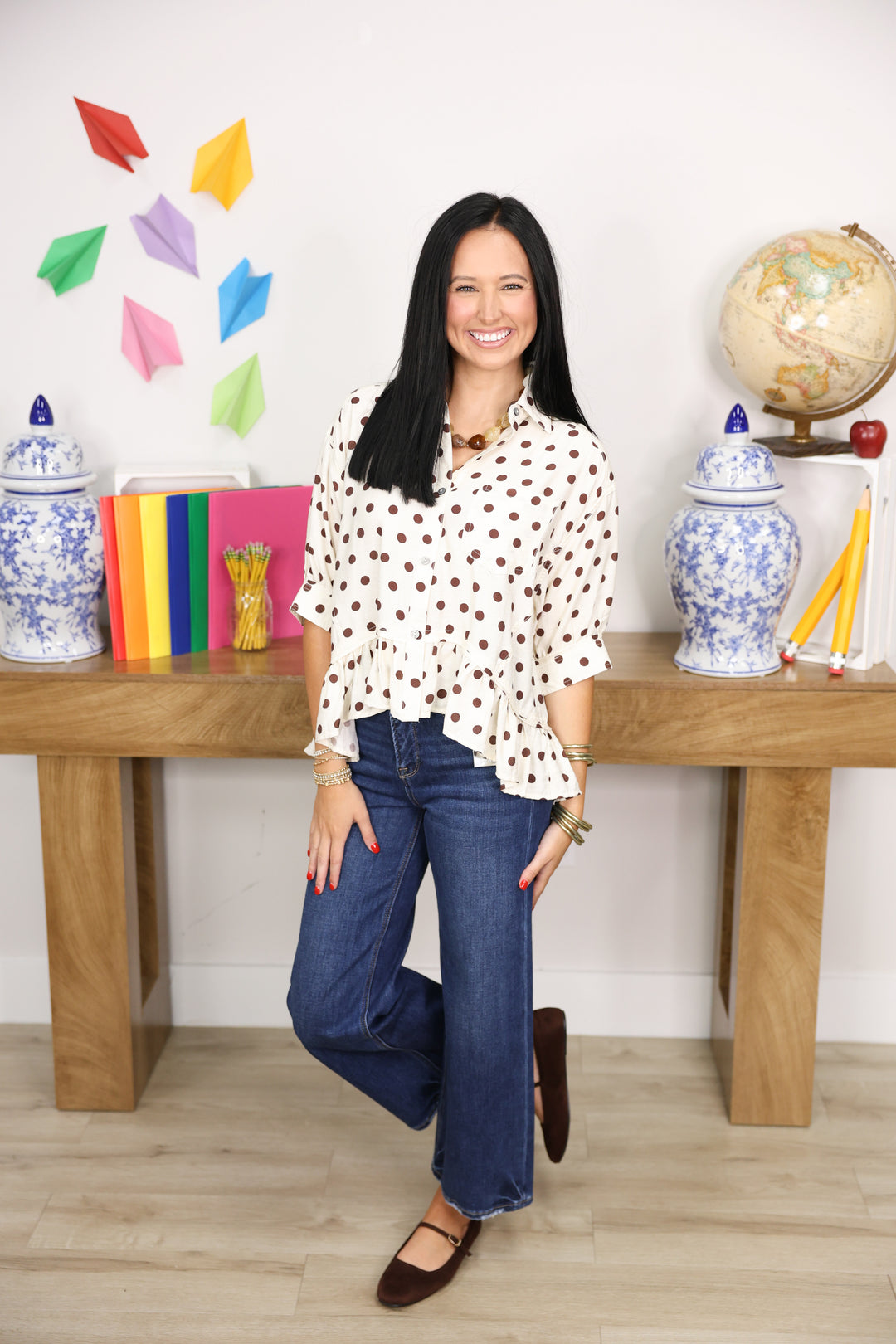 Polka Dot Short Sleeve Button Down Top "Cream"