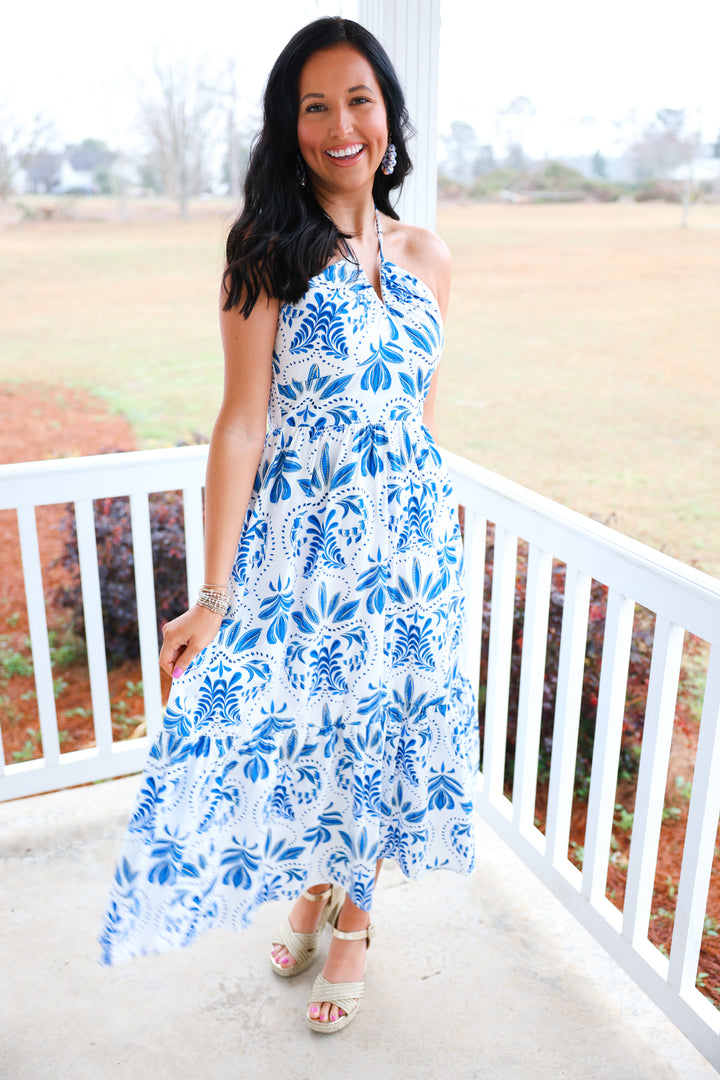 Happily Ever Halter Neck Dress "White/Blue"