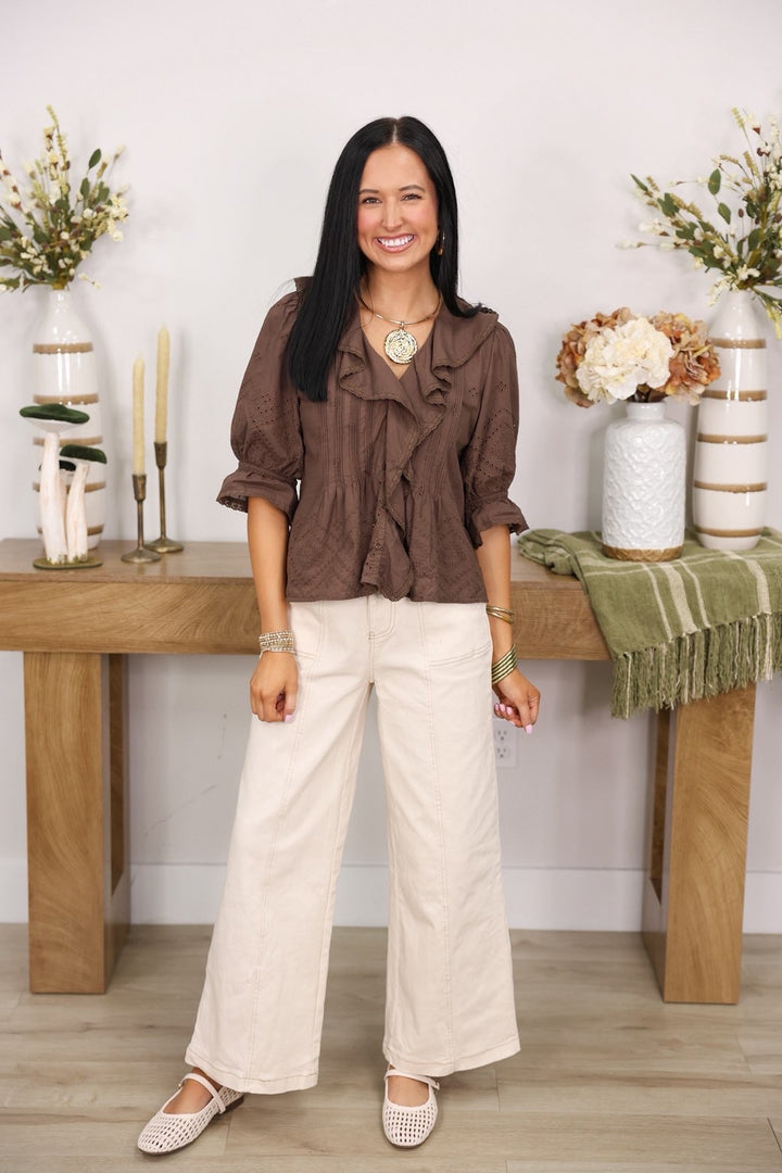 Classy Cotton Ruffle Top "Brown"