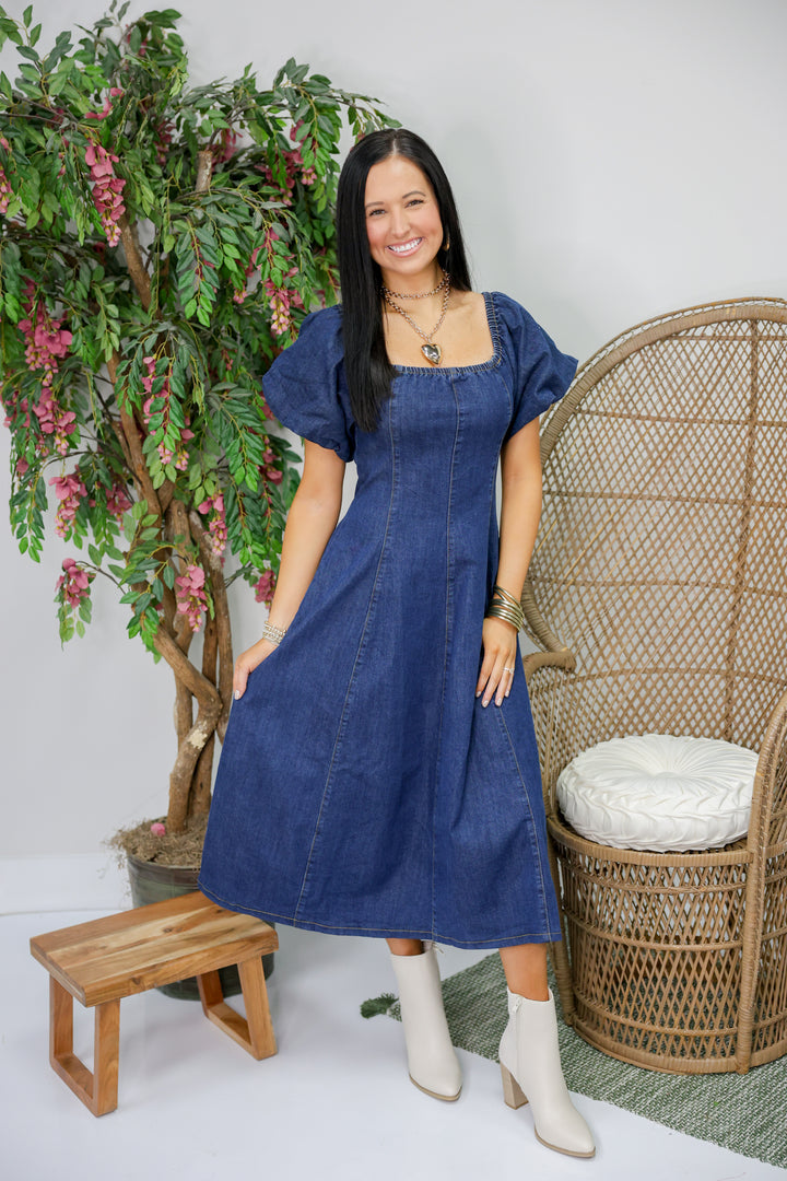 Mineral Washed Puff Sleeve Midi Dress "Denim"