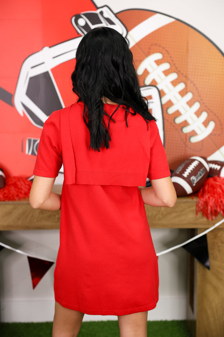 Solid Short Sleeve Sweater Mini Dress W/ Layered Scarf Detail "Red"