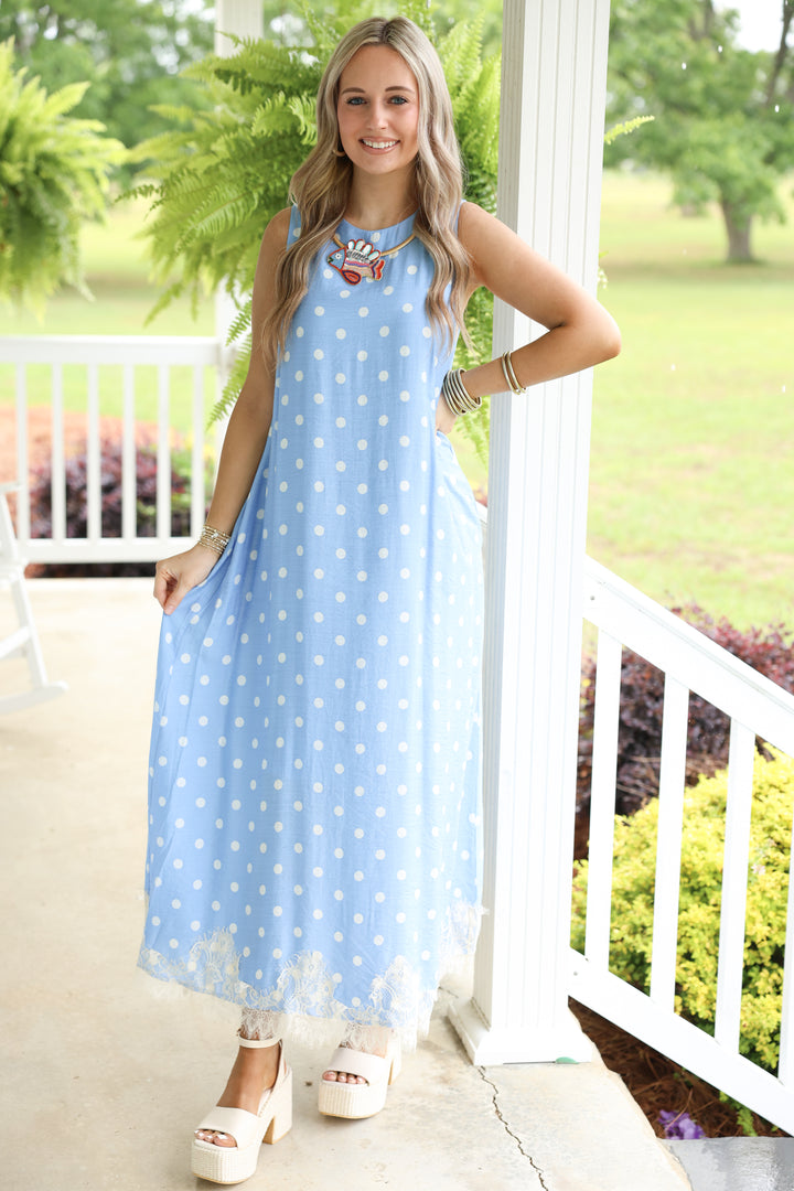 Polka Dot Sleeveless Midi Dress W/ Lace Trim Hem "Blue"