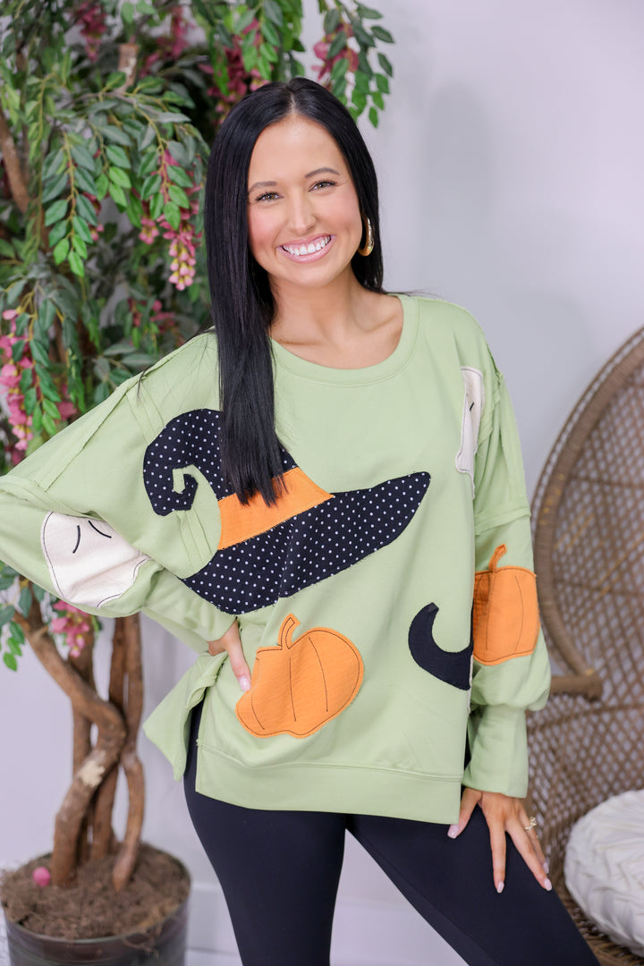 Halloween Theme Patchwork Oversized Sweatshirt "Light Olive"