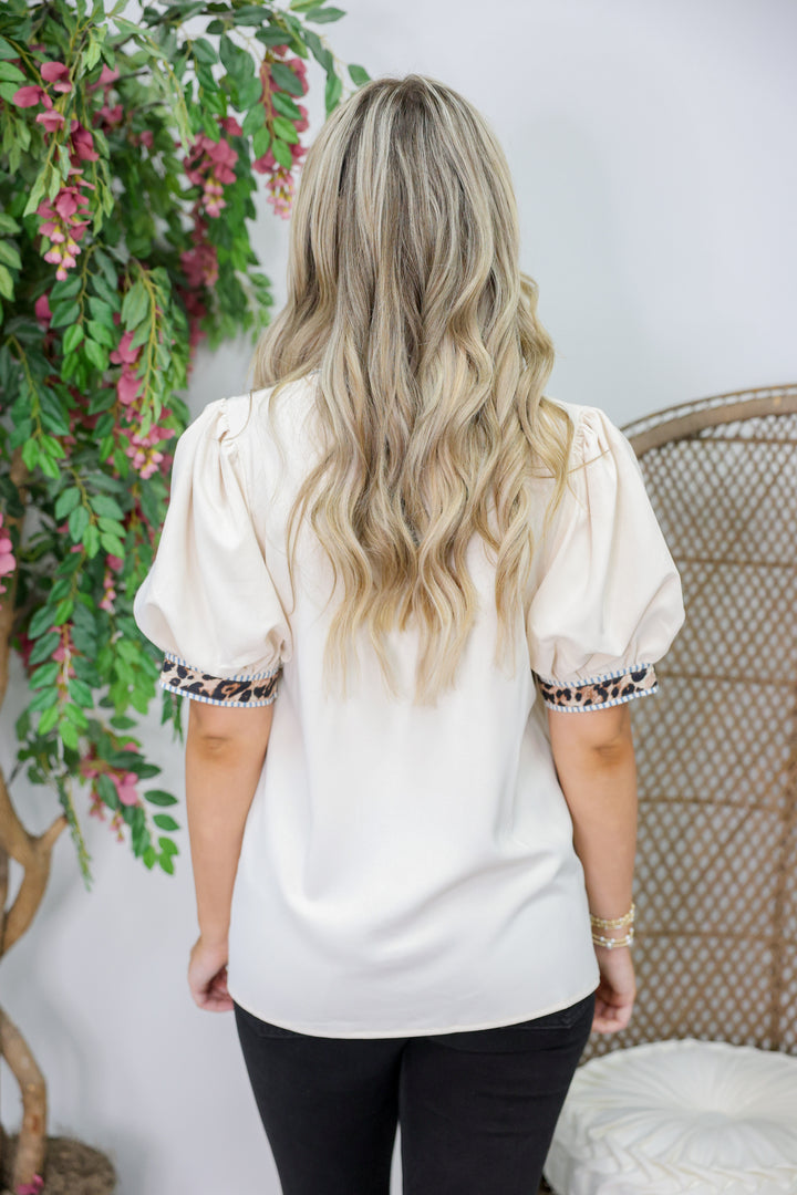 Leopard Trim Top "Ecru"