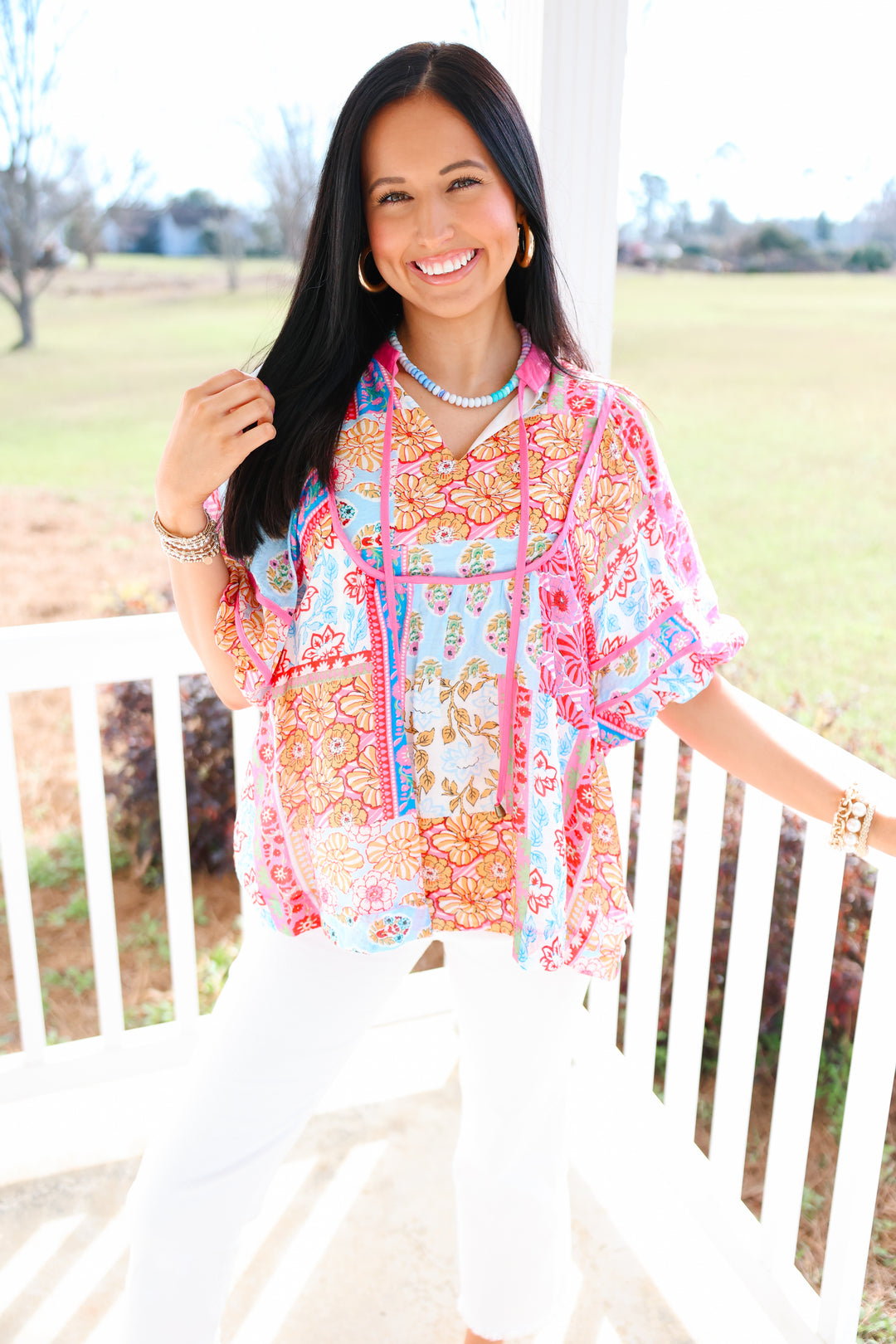 Jasmine Pink Trim Printed Top