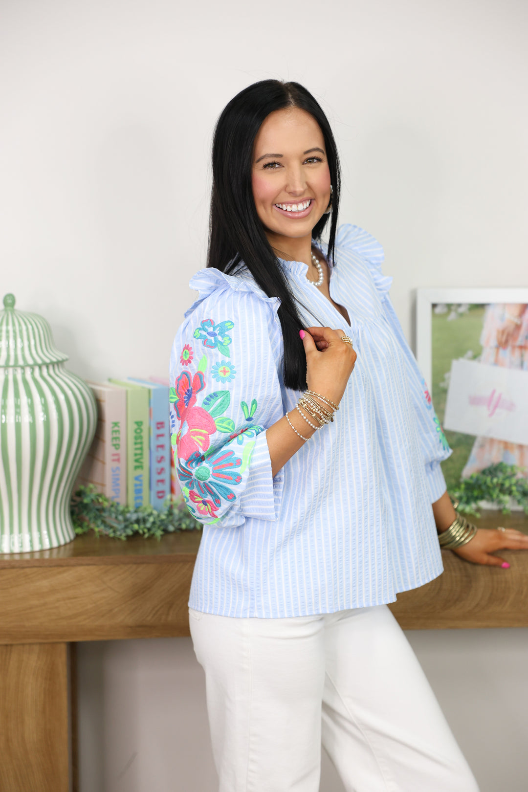 Embroidered Sleeve Stripe Top "Blue"