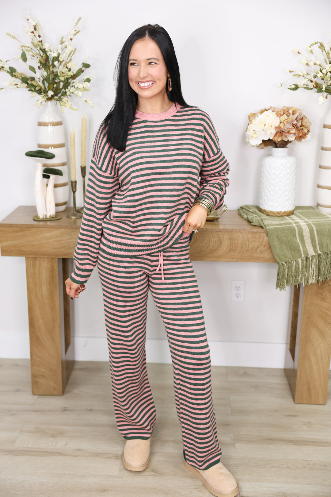 Long sleeve Crew Neck Stripe Sweater & Wide Leg Pants "Green/Pink"