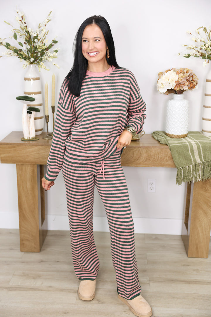 Long sleeve Crew Neck Stripe Sweater & Wide Leg Pants "Green/Pink"