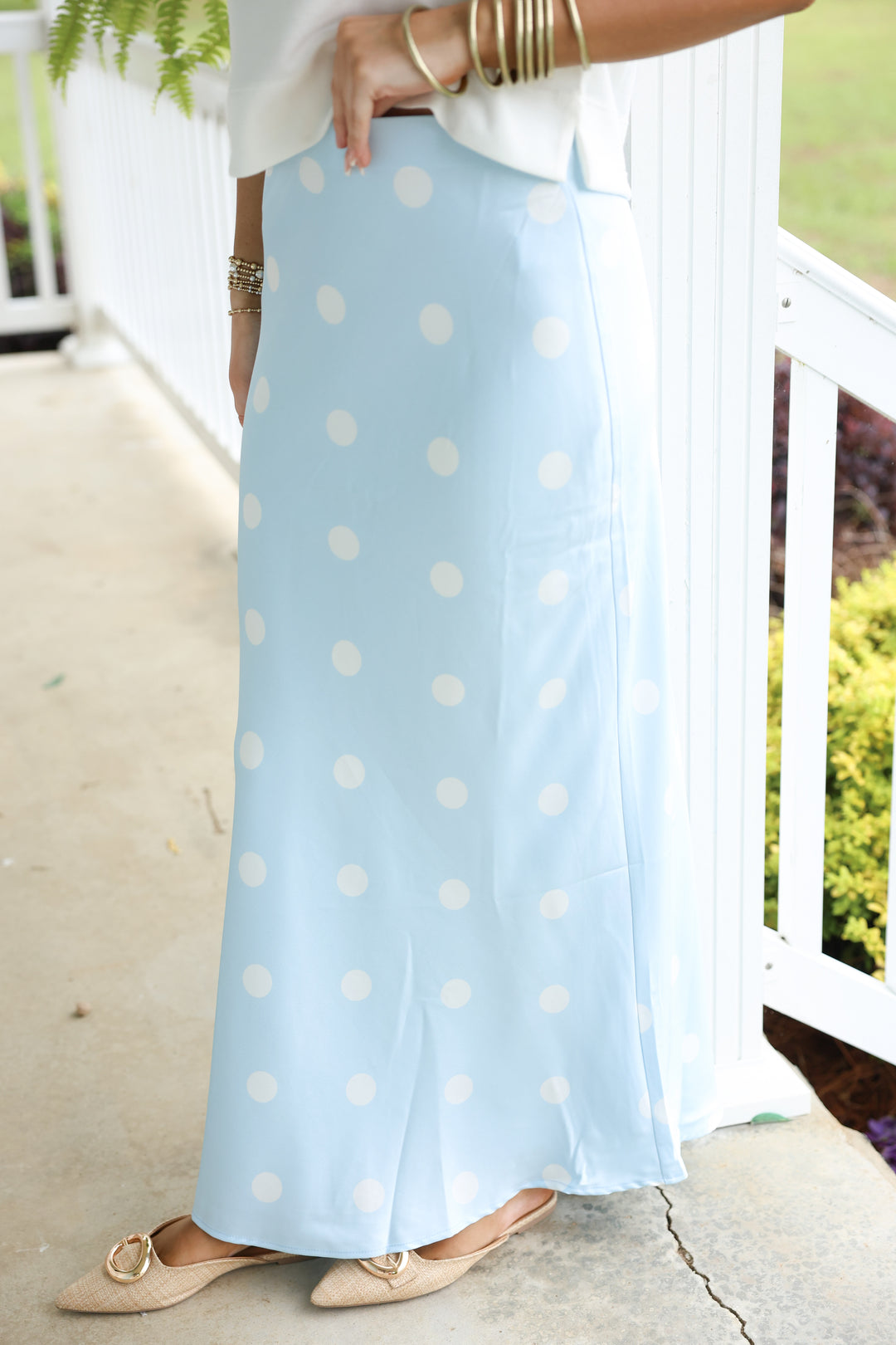 Polka Dot Satin Midi Skirt W/ Elastic Waist "Lt Blue/White"