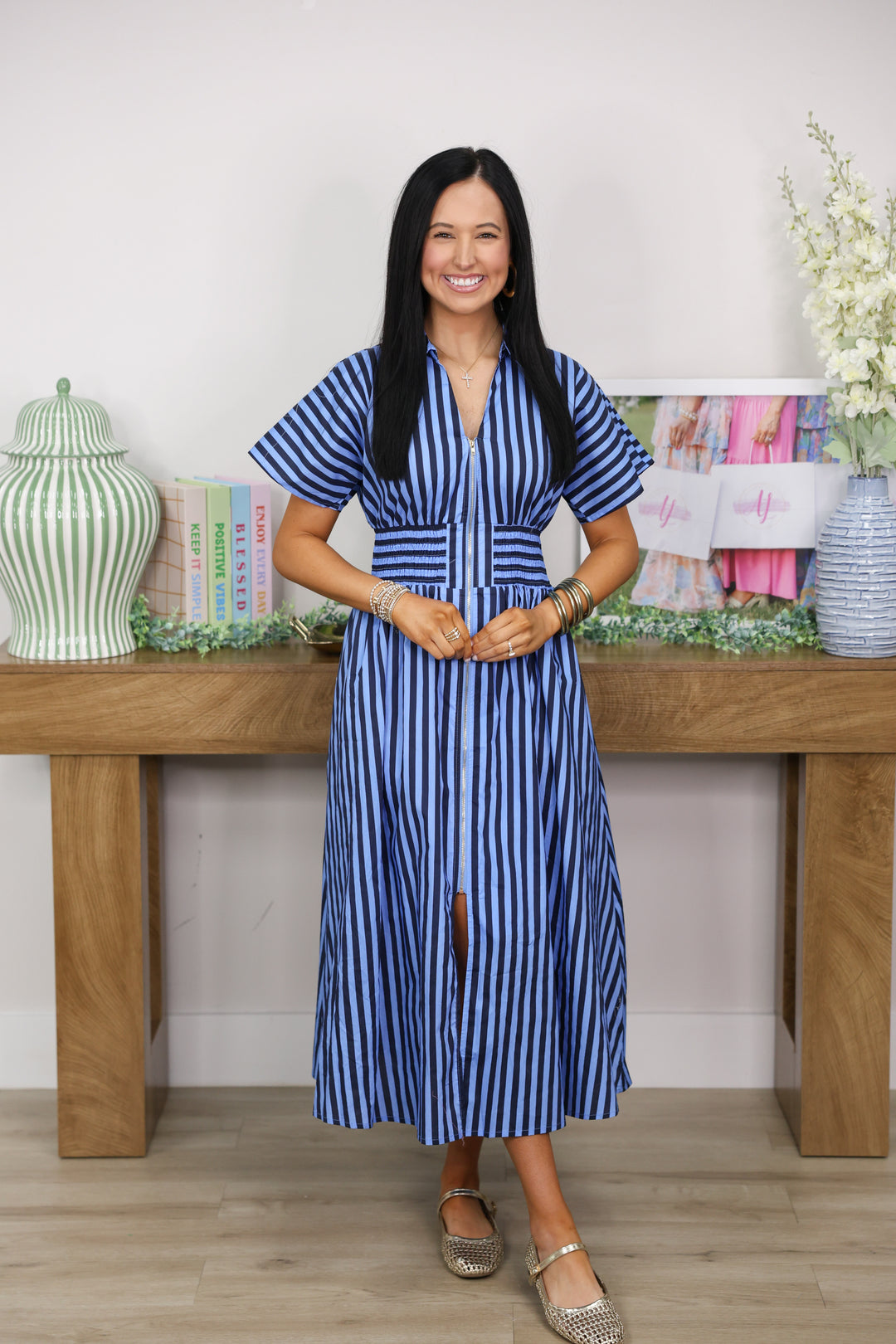 Gracious Stripes Zipper Midi Dress "Navy"